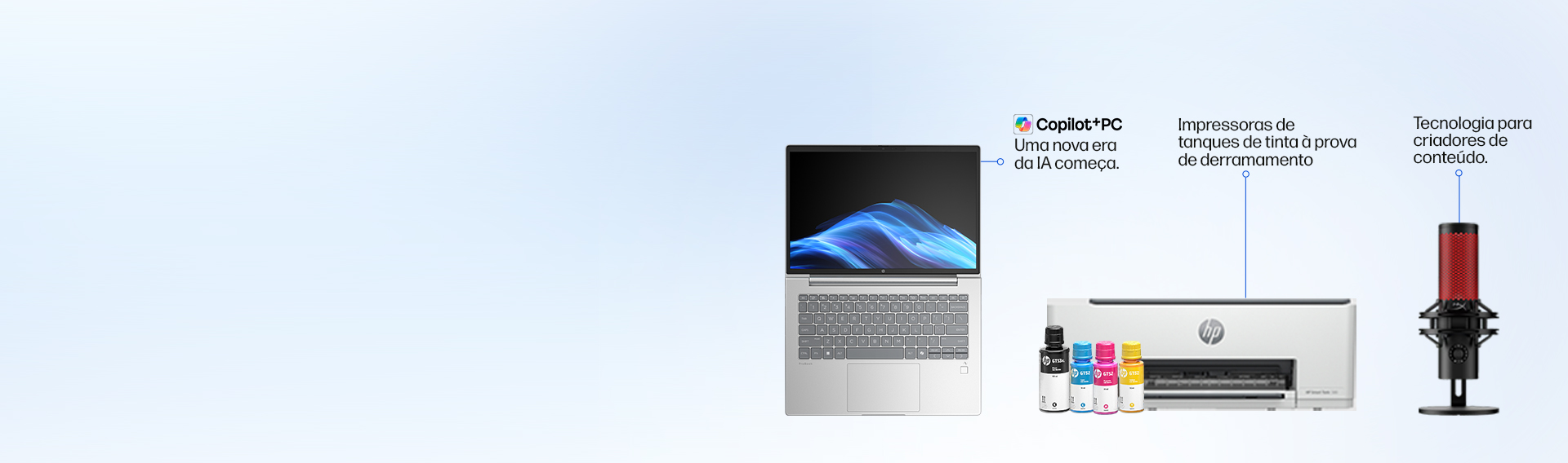 Descri&ccedil;&atilde;o da imagem: Notebook HP. Copilot + PC. Uma nova era da IA ​​come&ccedil;a. Impressora HP Smart Tank com frascos de tinta. Impressoras de tanques de tinta &agrave; prova de derramamento. Microfone HyperX. Tecnologia para criadores de conte&uacute;do.