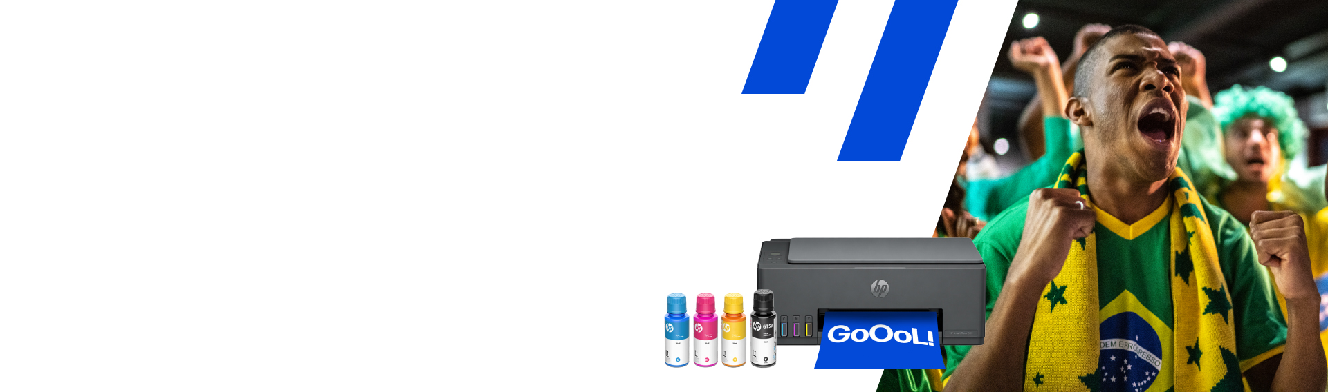JDescri&ccedil;&atilde;o da imagem: Imagem de uma impressora HP Smart Tank com frascos de tinta. Um torcedor da sele&ccedil;&atilde;o brasileira comemorando um gol.