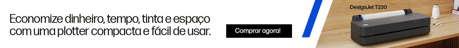 Economize dinheiro, tempo, tinta e espa&ccedil;o com uma plotter compacta e f&aacute;cil de usar. Imagem do plotter HP DesignJet s&eacute;rie T230. Clique para comprar agora