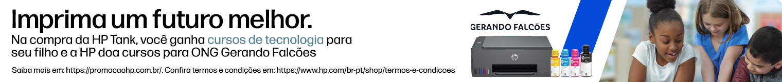 Imprima um futuro melhor. Na compra da HP Tank, voc&ecirc; ganha cursos de tecnologia para seu filho e a HP doa cursos para ONG Gerando Falc&otilde;es. Saiba mais em: https://promocaohp.com.br/. Confira termos e condi&ccedil;&otilde;es em: https://www.hp.com/br-pt/shop/termos-e-condicoes Imagem de uma impressora HP Smart Tank com frascos de tinta. Grupo de 3 crian&ccedil;as participando de aulas de tecnologia.