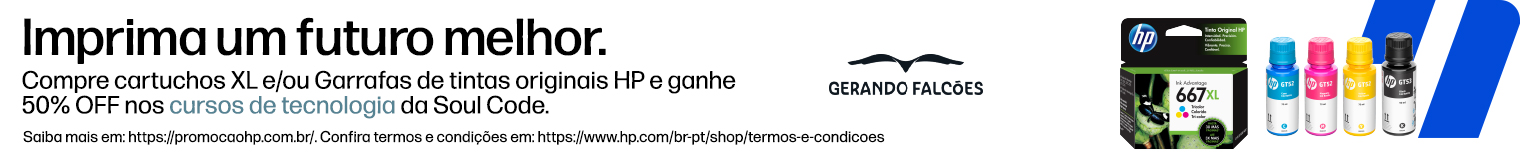 Gerando Falc&otilde;es. Imprima um futuro melhor. Compre cartuchos XL e/ou Garrafas de tintas originais HP e ganhe 50% OFF nos cursos de tecnologia da Soul Code. Saiba mais em: https://promocaohp.com.br/.
Imagem de cartucho de tinta e frascos.
