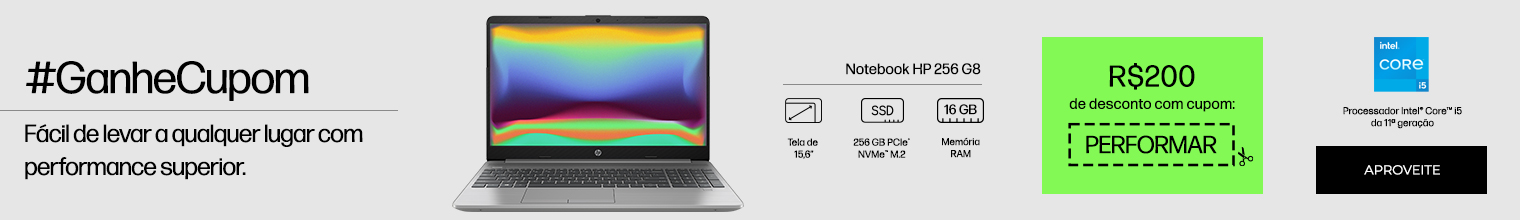 #GanheCupom. Fácil de levar a qualquer lugar com performance superior. R$200 de desconto com cupom: PERFORMAR. Imagem de um Notebook HP 256 G8, Processador Intel® Core™ i5 da 11ª geração, tela de 15,6 polegadas, SSD PCIe® NVMe™ M.2 de 256 GB, RAM de 16 GB. Clique e aproveite.