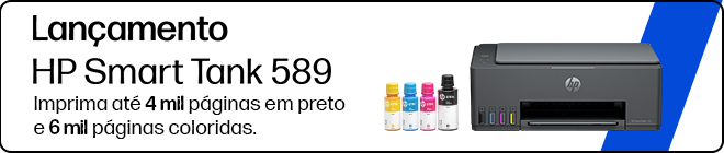 Lan&ccedil;amento. HP Smart Tank 589. Imprima at&eacute; 4 mil p&aacute;ginas em preto e 6 mil p&aacute;ginas coloridas. Descri&ccedil;&atilde;o da imagem: Imagem de uma impressora HP Smart Tank 589 com frascos de tinta.