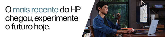 Fotografia de um homem trabalhando em um escrit&oacute;rio com um notebook e um monitor HP. O mais recente da HP chegou, experimente o futuro hoje.