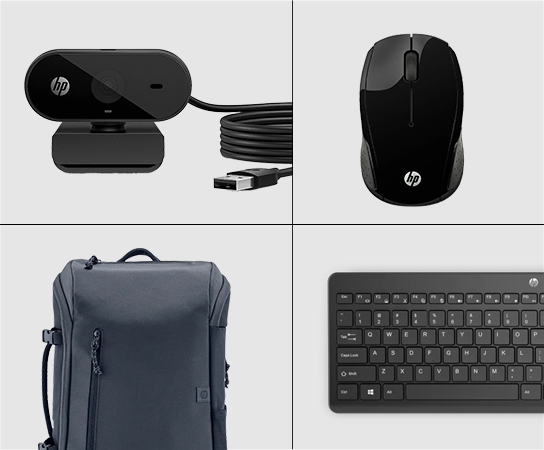 Colagem de uma webcam, mouse, mochila e teclado HP.