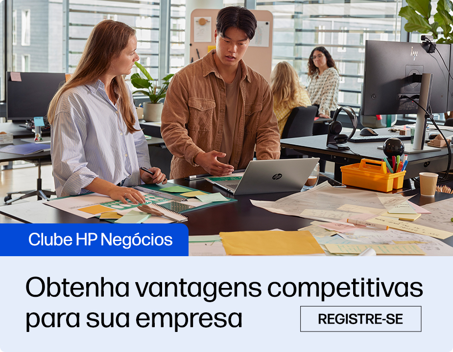 Descri&ccedil;&atilde;o da imagem: Pessoas que trabalham em seus neg&oacute;cios com equipamentos HP. Clube HP Neg&oacute;cios. Obtenha vantagens competitivas para sua empresa. REGISTRE-SE