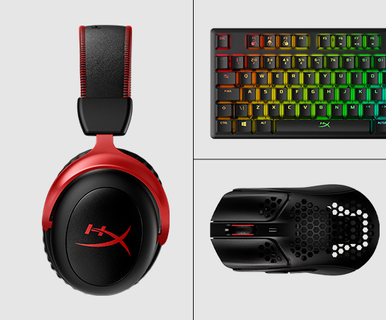 Colagem de acessórios gamer HyperX em fundo cinza claro.