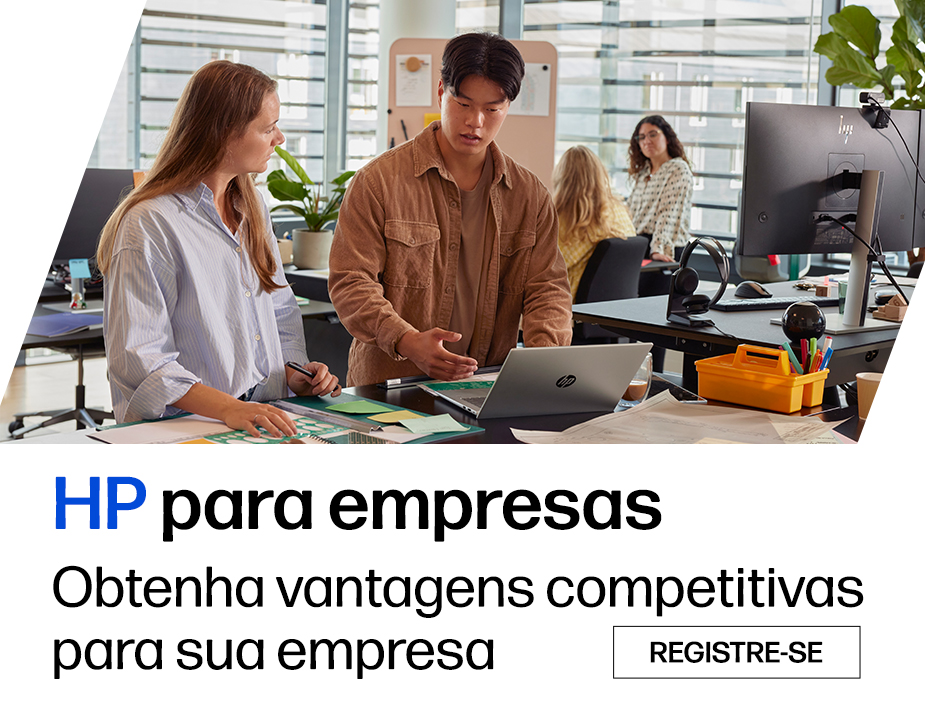 Descri&ccedil;&atilde;o da imagem: Pessoas que trabalham em seus neg&oacute;cios com equipamentos HP. HP para empresas. Obtenha vantagens competitivas para sua empresa. REGISTRE-SE